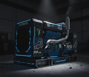 ژنراتور صنعتی آبی و مشکی با نوارهای نئون آبی روشن و دود خروجی از اگزوز در یک محیط تاریک صنعتی.