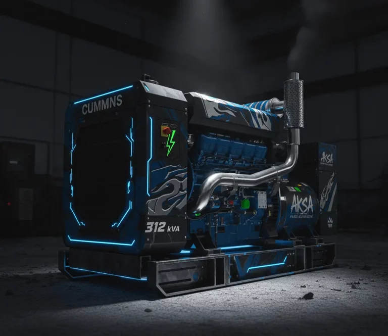 ژنراتور صنعتی آبی و مشکی با نوارهای نئون آبی روشن و دود خروجی از اگزوز در یک محیط تاریک صنعتی.