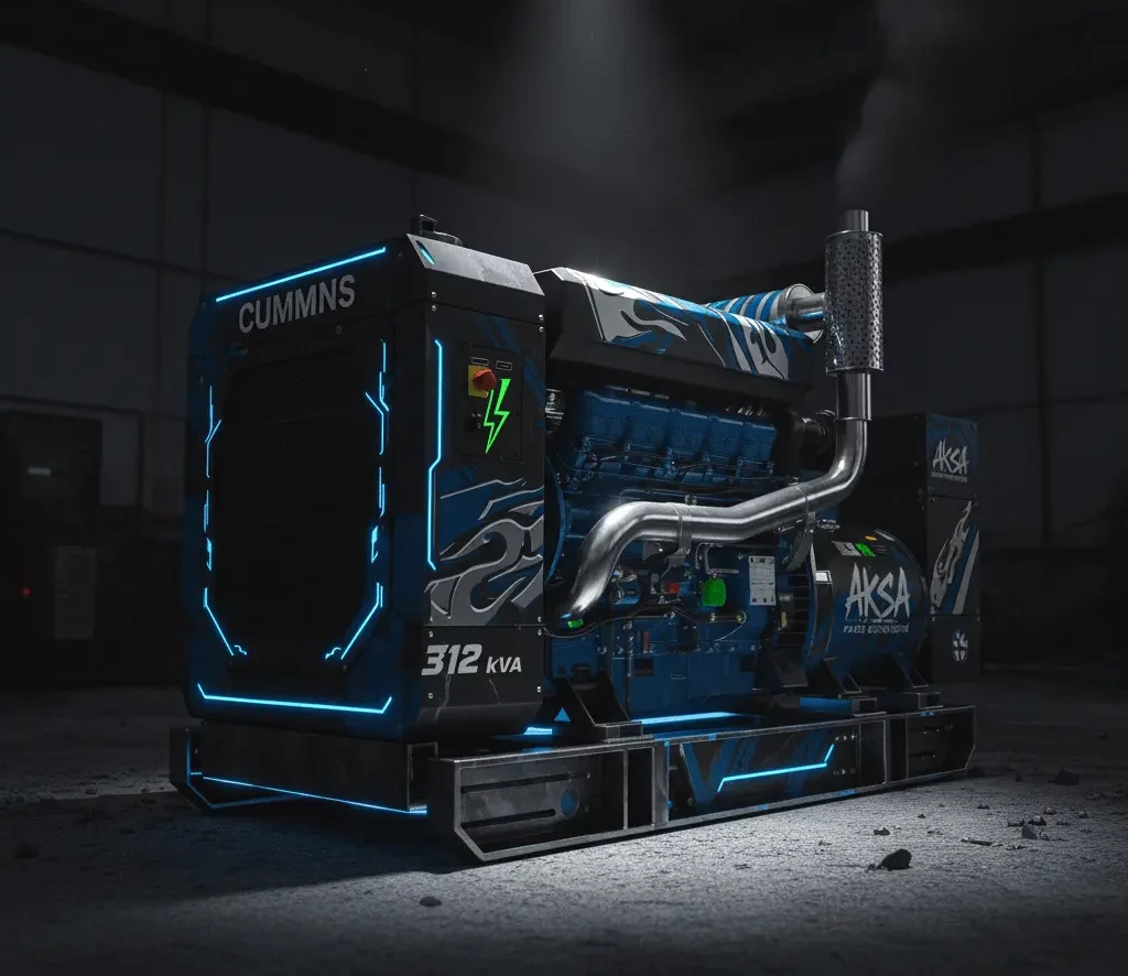 ژنراتور صنعتی آبی و مشکی با نوارهای نئون آبی روشن و دود خروجی از اگزوز در یک محیط تاریک صنعتی.