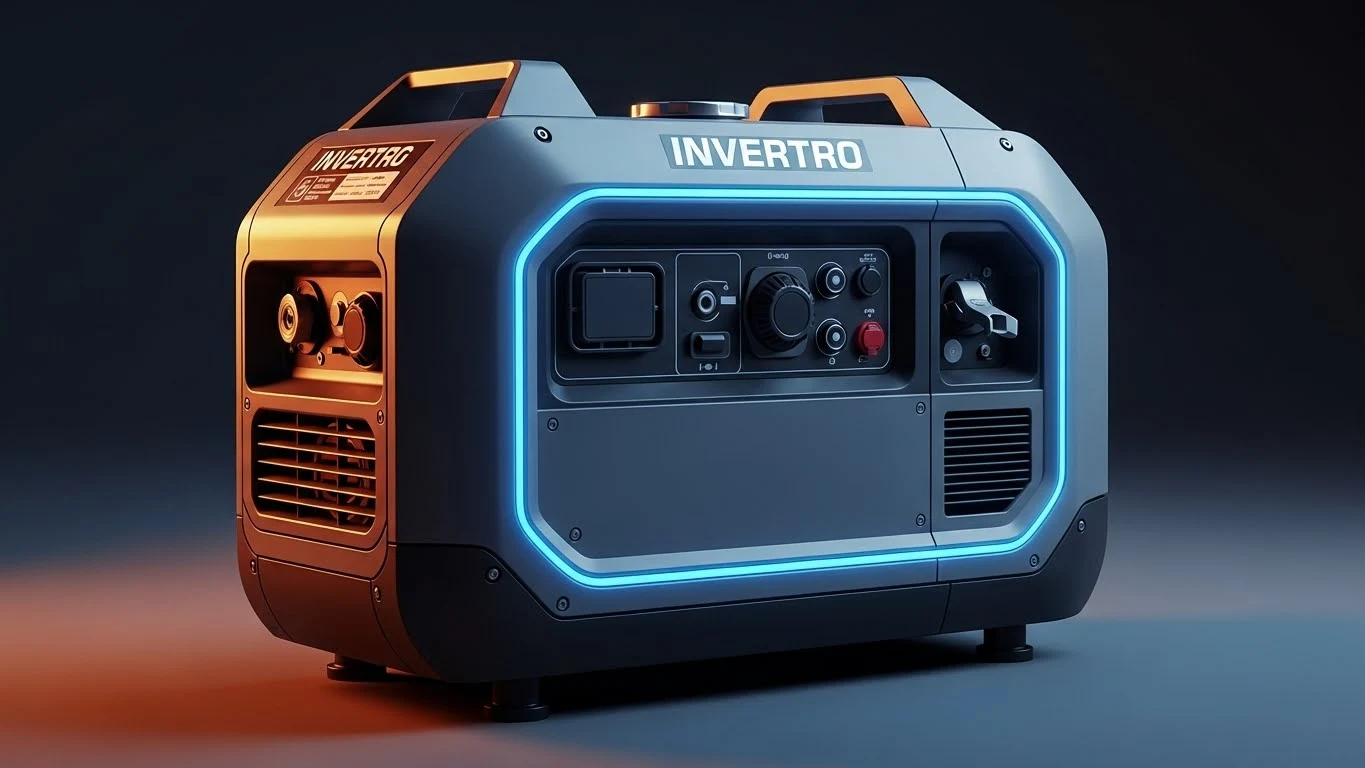 موتوربرق اینورتر مدرن و خاکستری رنگ با نورپردازی آبی LED و پنل کنترل در زمینه تاریک.