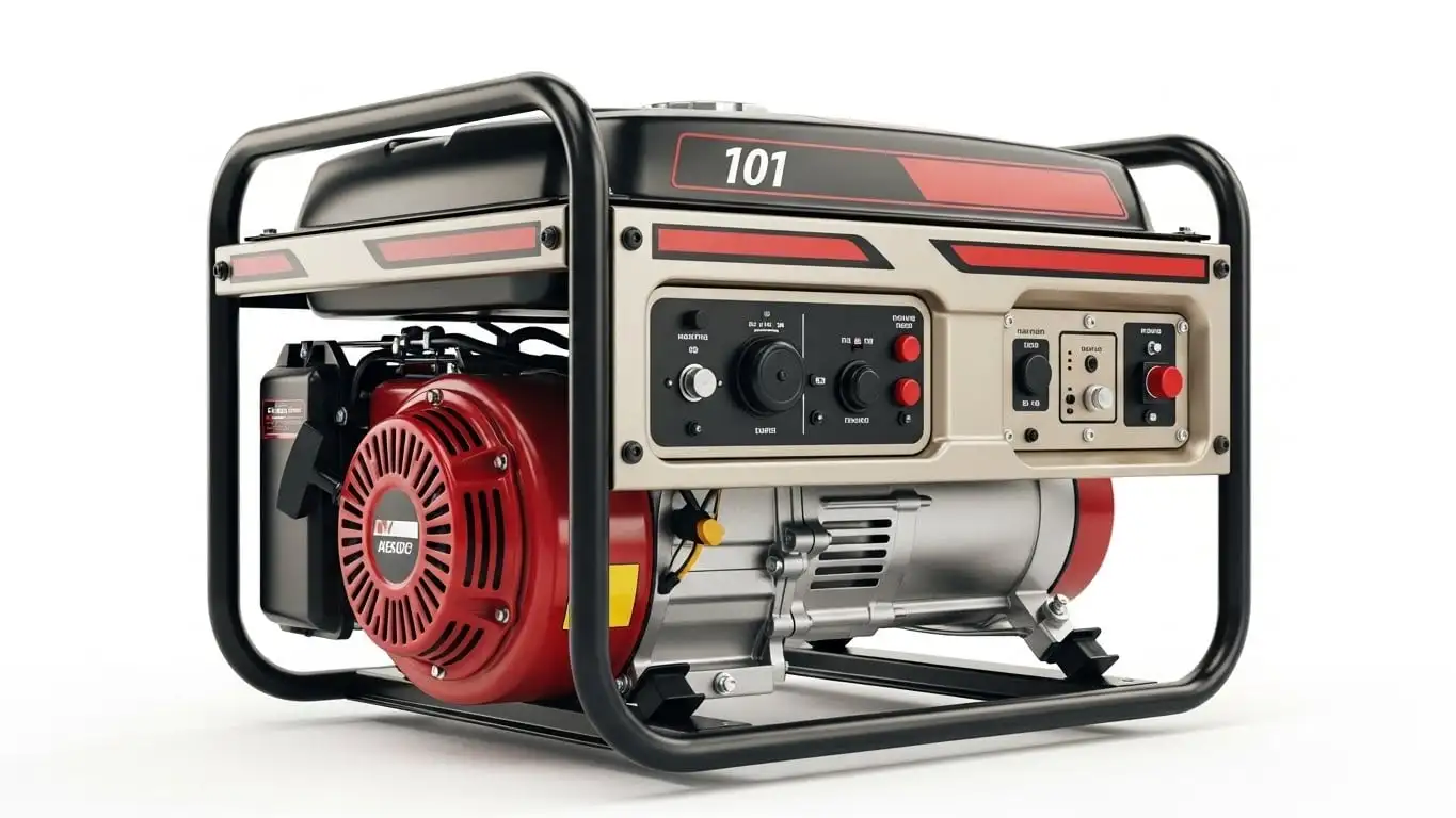 موتوربرق بنزینی قابل حمل با فریم مشکی، موتور قرمز و پنل کنترل کرم رنگ روی زمینه سفید.