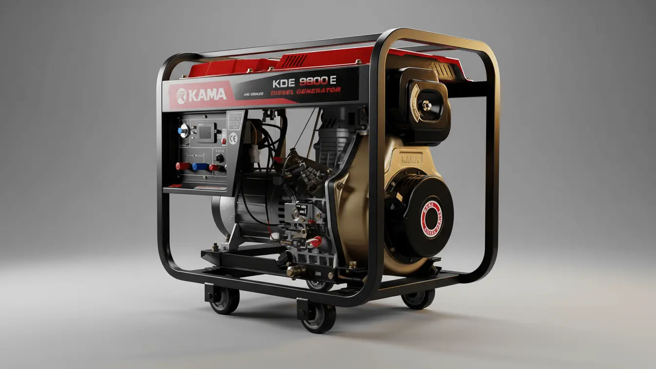 موتوربرق دیزلی KAMA KDE 9800 E با قاب مشکی، موتور طلایی و جزئیات قرمز روی چرخ.