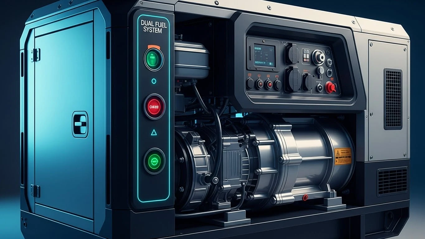 یک موتوربرق صنعتی دوگانه سوز با پنل کنترل دیجیتال و اجزای داخلی قابل مشاهده.