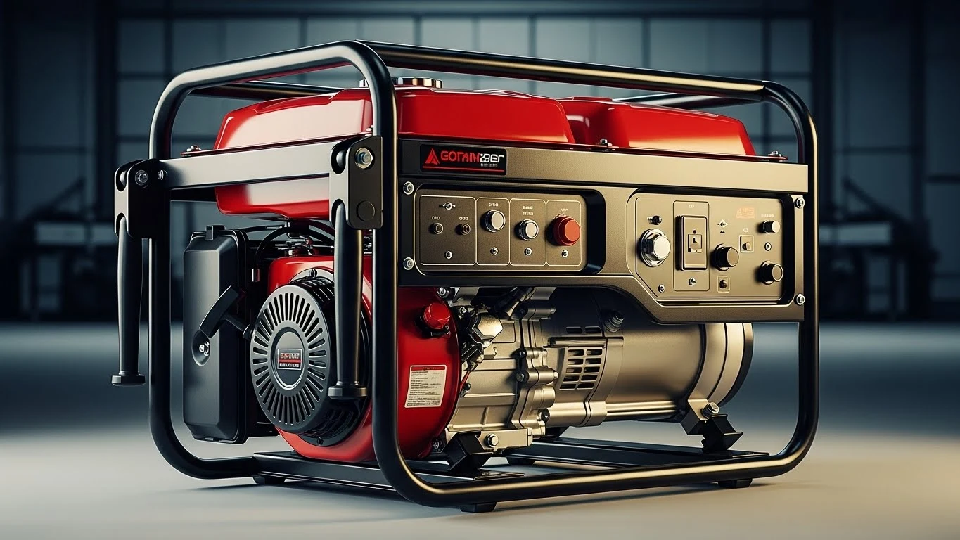 موتوربرق گازسوز قرمز و مشکی با پنل کنترلی در یک محیط داخلی.