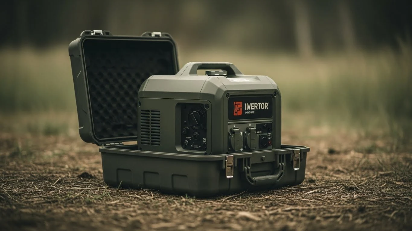 موتوربرق کیفی اینورتر سبز رنگ، درون جعبه محافظ باز خود، روی زمین در محیط طبیعی قرار گرفته است.