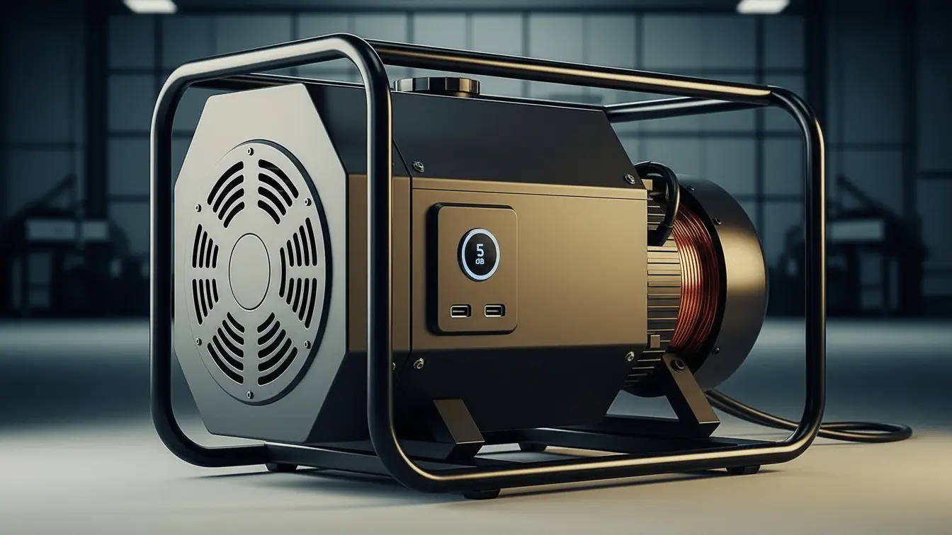 موتوربرق سایلنت مشکی و خاکستری با فریم فلزی، نمایشگر دیجیتال و پورتهای USB در یک محیط صنعتی.