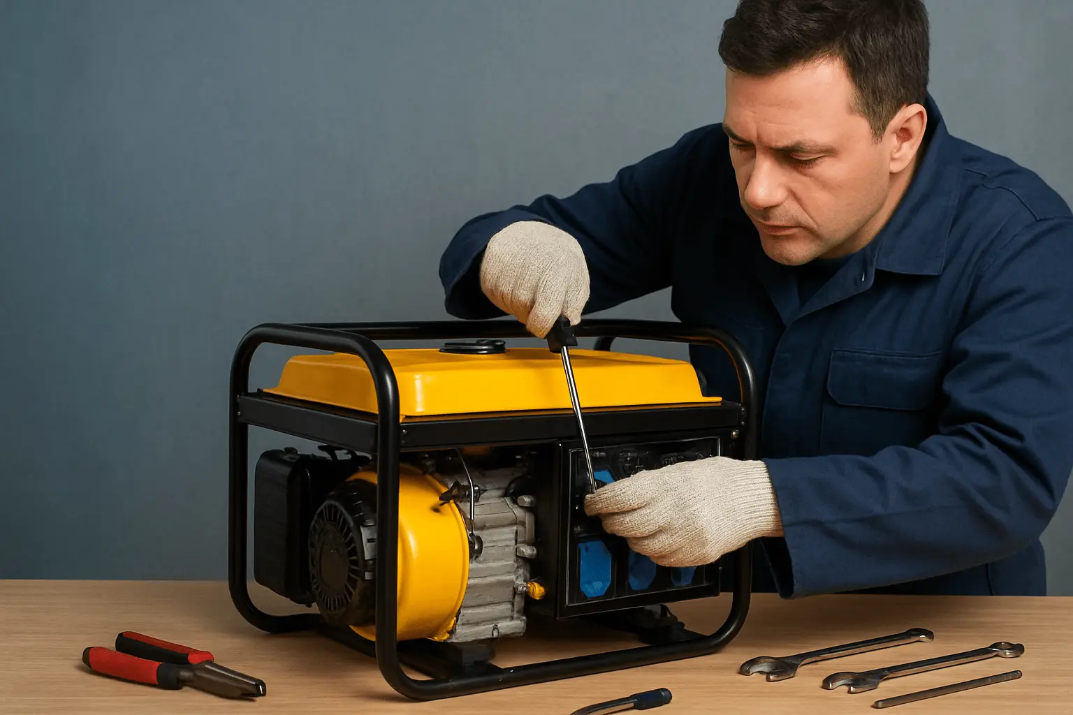 مردی با لباس کار آبی و دستکش در حال تعمیر یک ژنراتور برق زرد رنگ با پیچ‌گوشتی است.