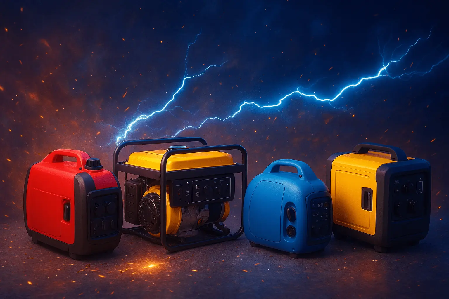 چهار ژنراتور برق قابل حمل در رنگ‌های قرمز، زرد و آبی با پس‌زمینه‌ای شامل صاعقه‌های آبی و جرقه‌های نارنجی.