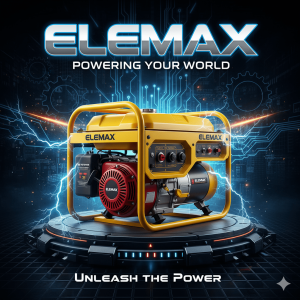 یک ژنراتور Elemax زرد و قرمز روی سکوی فناوری با پس‌زمینه مدارهای الکترونیکی و جرقه‌های برق، نشان‌دهنده قدرت و انرژی.