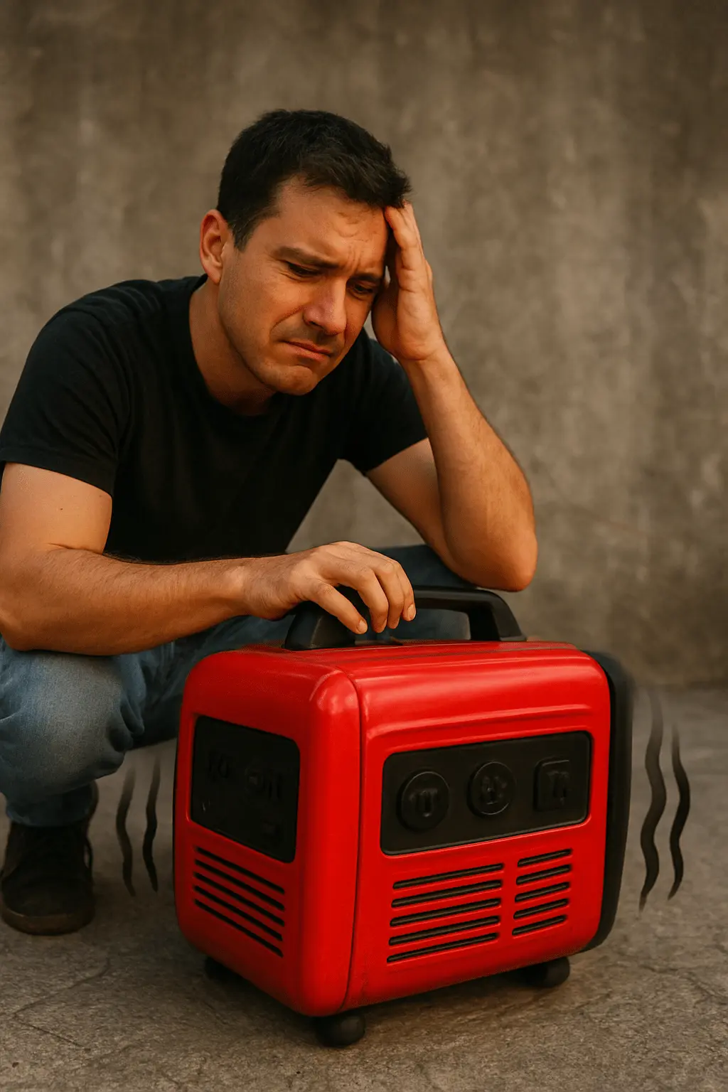 مردی نگران کنار یک ژنراتور برق قرمز رنگ که در حال لرزش است، نشسته.