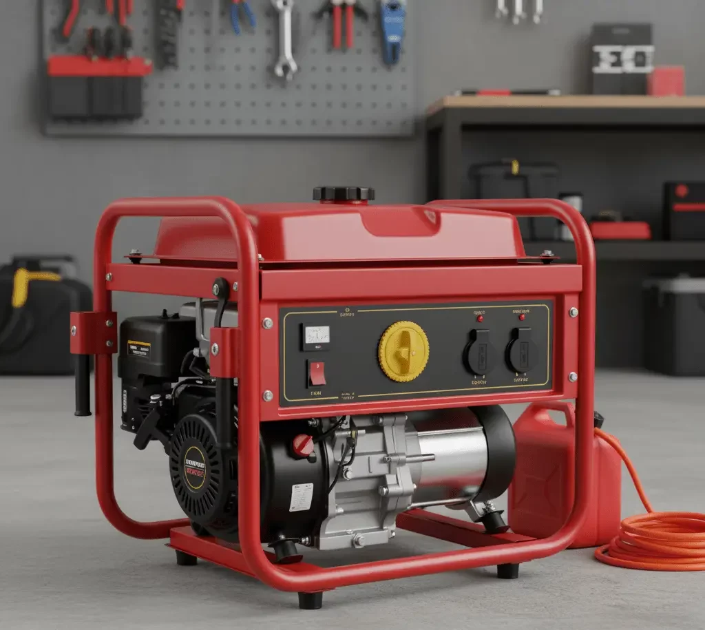 یک موتوربرق بنزینی قرمز رنگ در یک کارگاه، با کابل برق و گالن سوخت کنار آن.