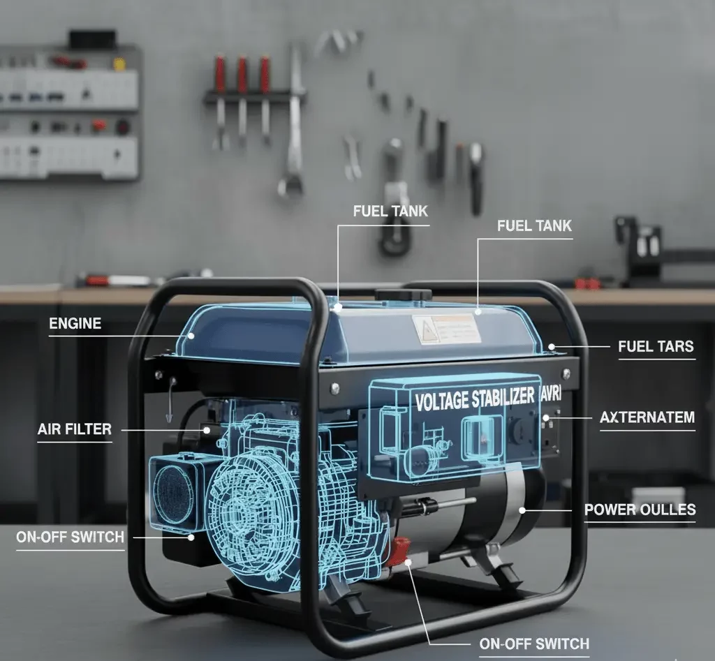 تصویر شماتیک موتوربرق بنزینی با لیبل‌گذاری اجزای اصلی آن شامل مخزن سوخت، موتور، فیلتر هوا و تثبیت‌کننده ولتاژ.
