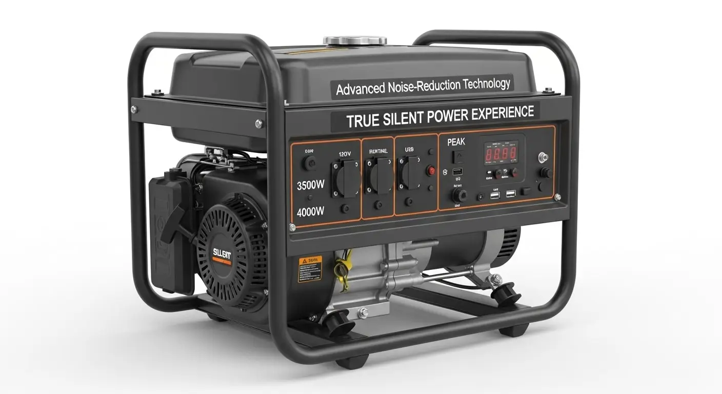 تصویر یک موتوربرق سایلنت و مدرن به رنگ مشکی با قابلیت کاهش نویز و خروجی‌های برق مختلف.