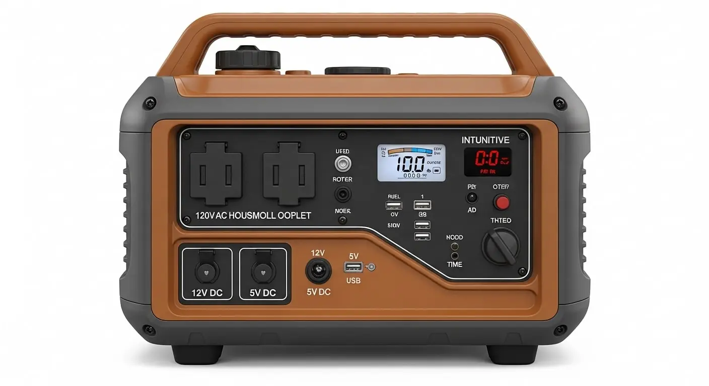 موتوربرق سایلنت قابل حمل به رنگ نارنجی و خاکستری، با پنل کنترلی شامل نمایشگر دیجیتال، پریزهای AC و پورت‌های USB و DC.