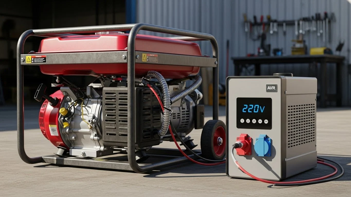 موتور برق قرمز رنگ در کنار یک استابلایزر خاکستری با نمایشگر 220 ولت، آماده برای تامین برق پایدار.