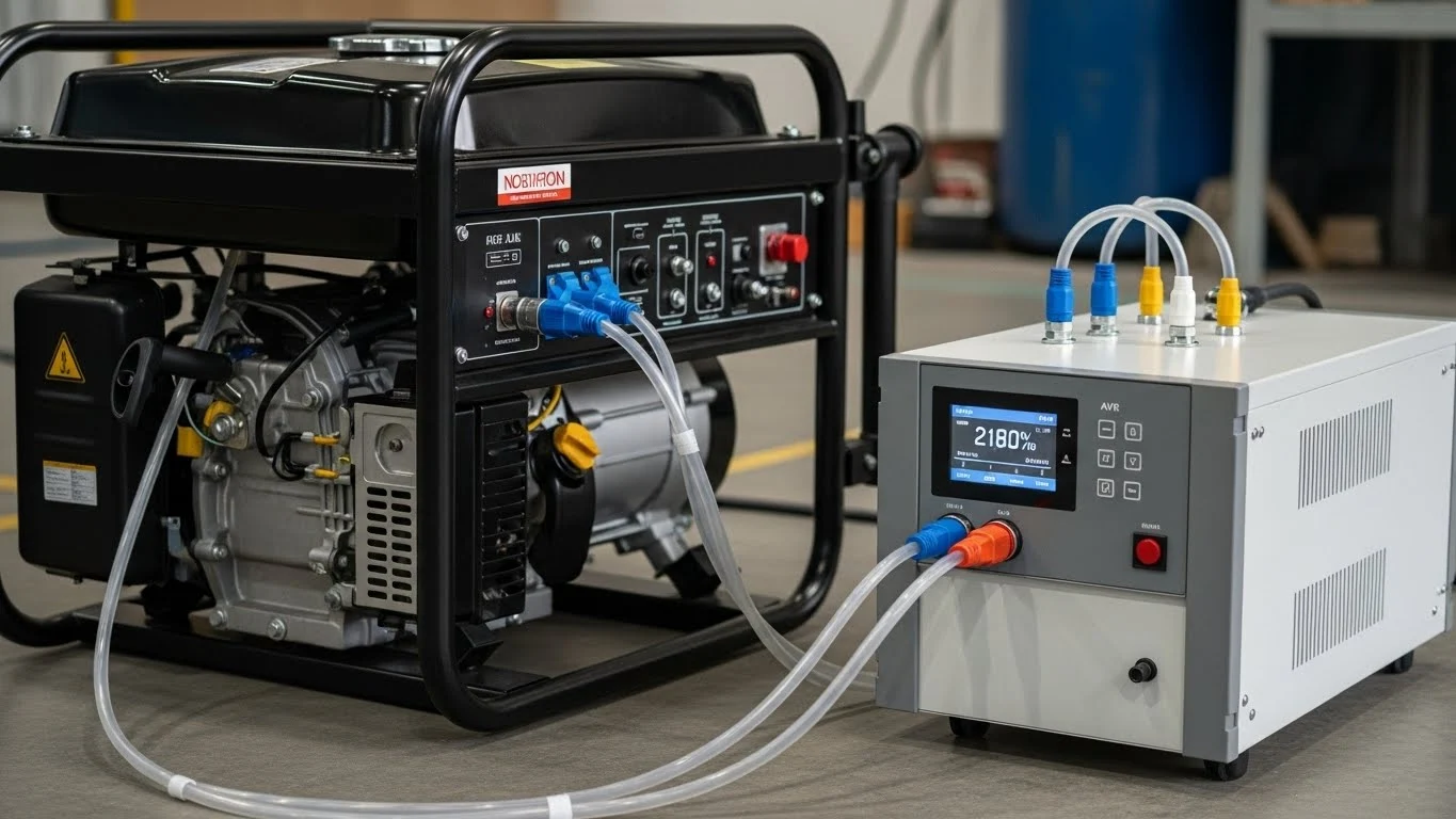 موتور برق مشکی متصل به استابلایزر سفید و خاکستری برای تنظیم و پایدارسازی ولتاژ خروجی.