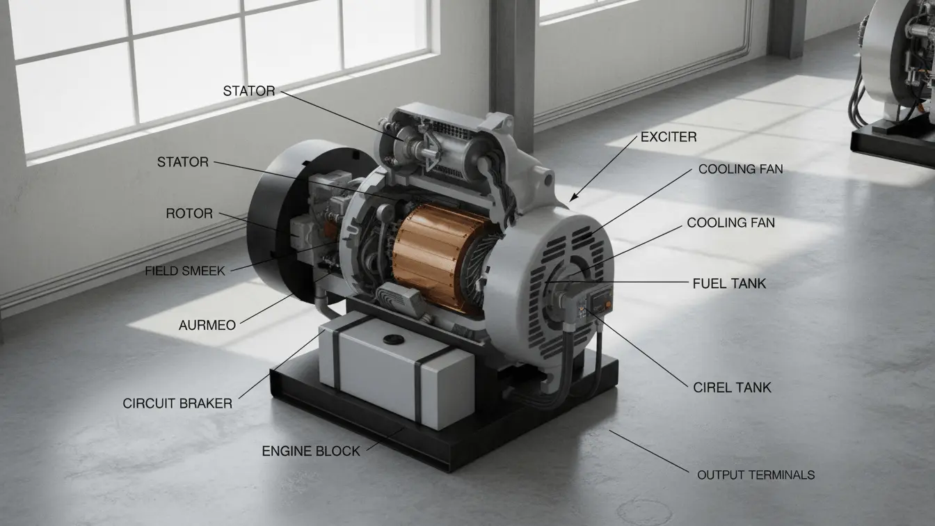 نمای برش‌خورده یک ژنراتور برق سه‌فاز با برچسب‌گذاری اجزای اصلی مانند استاتور، روتور و مخزن سوخت.