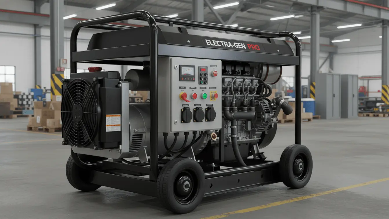 موتوربرق سه فاز صنعتی Electra-Gen Pro با پنل کنترل و فن خنک‌کننده، در یک انبار.