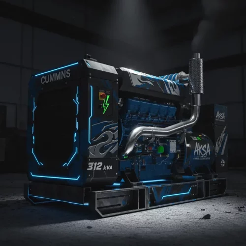 ژنراتور صنعتی آبی و مشکی با نوارهای نئون آبی روشن و دود خروجی از اگزوز در یک محیط تاریک صنعتی.